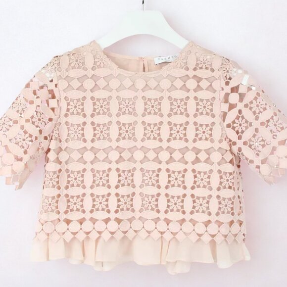Sandro Tops - Sandro Pink Square Lace Copped Chiffon Hem Designer Top Super Rare Size M